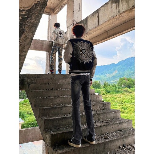 黑色美式高街vibe棒球服男款秋季