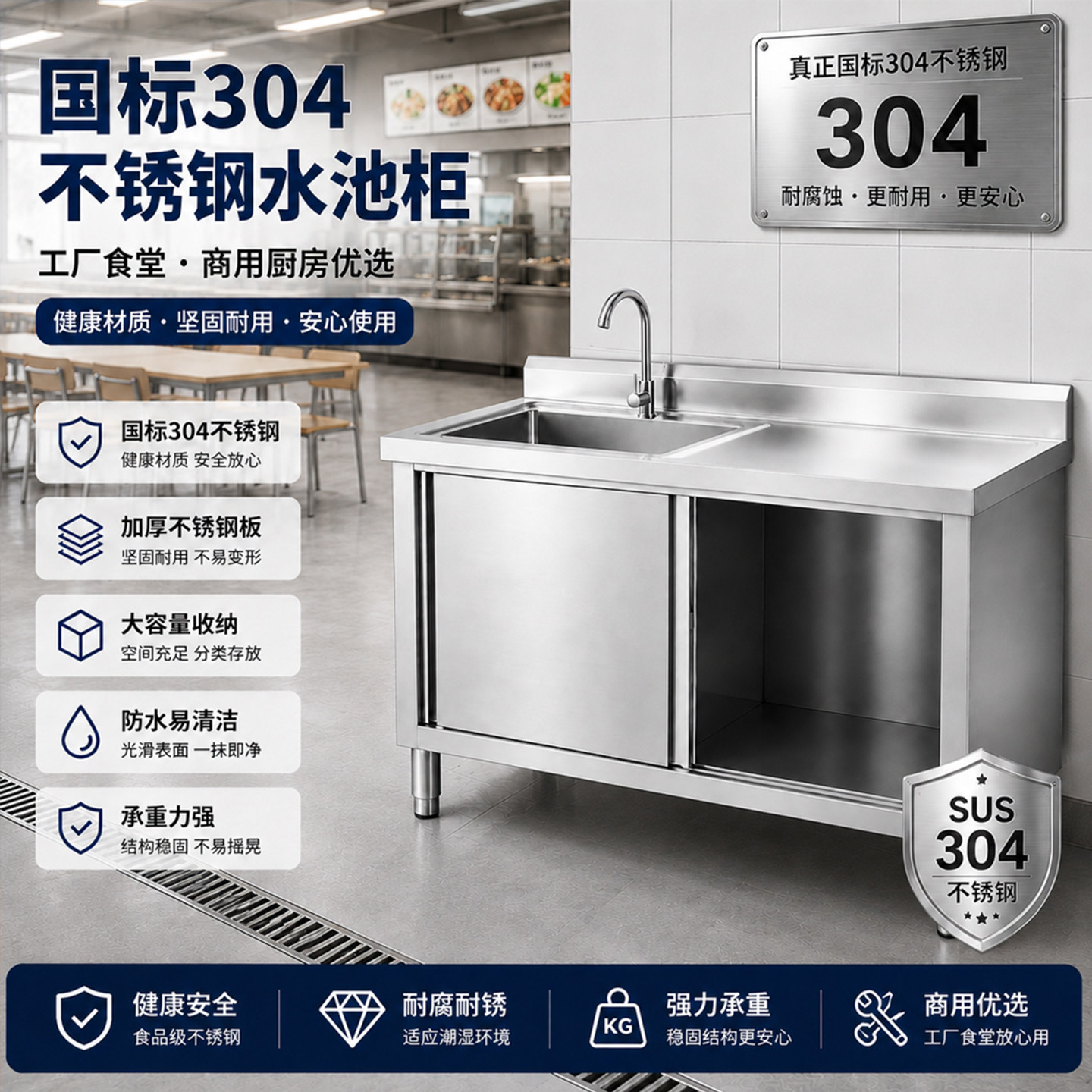 国标304厨房洗菜盆一体柜水池无隔层商用食品厂工厂不锈钢水槽柜