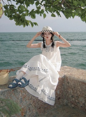 浮生八记“马蒂斯的海岸”法式复古航海系重工花朵白色刺绣套装裙