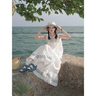 复古航海系重工花朵白色刺绣套装 浮生八记 法式 海岸 裙 马蒂斯