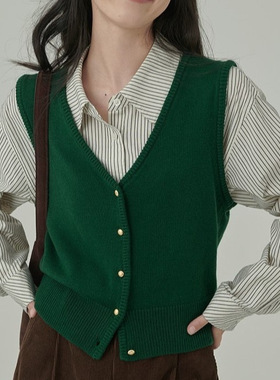 春秋叠穿优选！复古气质新款基础百搭马甲V领开衫女