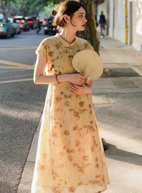 浮生八记“枯叶与琵琶”新中式国风全苎麻天丝盘扣拓染旗袍连衣裙