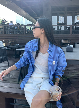 韩系风条纹叠穿衬衫小众长袖时尚气质减龄衬衣上衣女520617