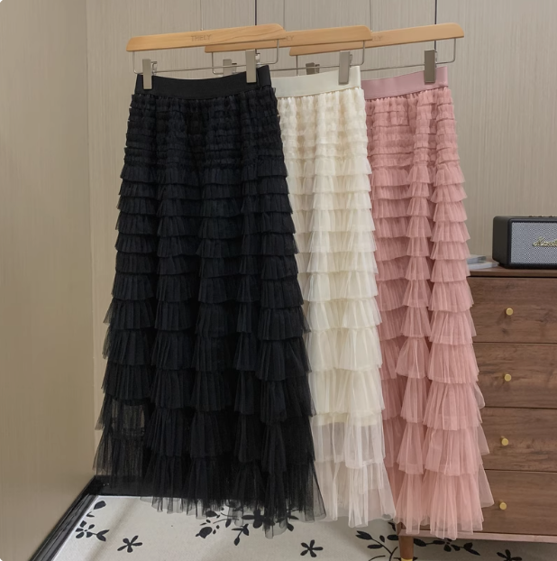 长款黑色网纱蛋糕裙纱裙半身裙女半身裙