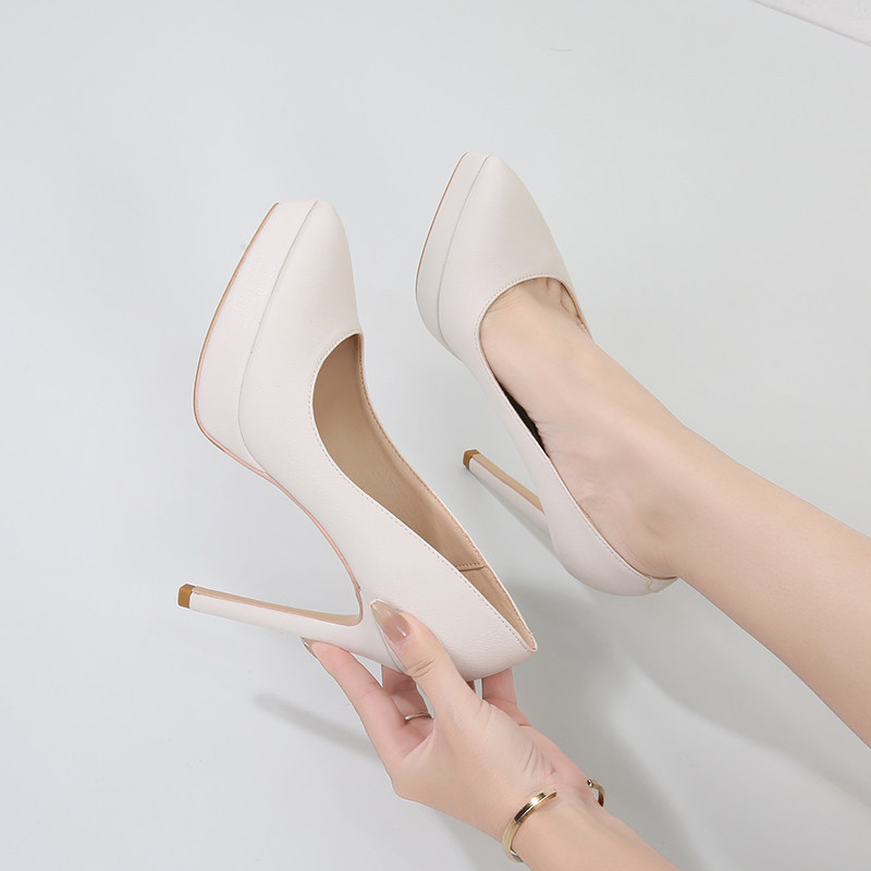 春秋季真皮白色防水台高跟鞋女12cm细跟尖头厚底性感10cm大码单鞋