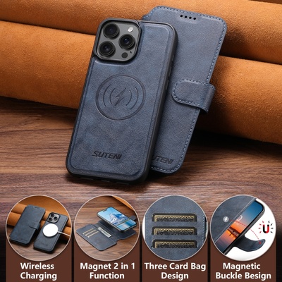 磁吸分体翻盖插卡商务皮纹手机壳