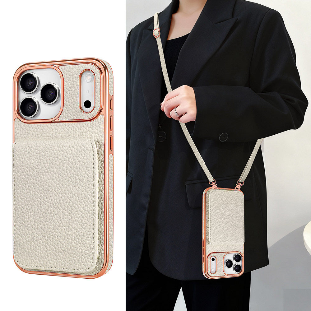 轻奢高级感真皮斜挎背带适用iPhone17promax手机壳电镀苹果16pm皮套15上下翻盖插卡包卡夹防摔14简约挂绳支架