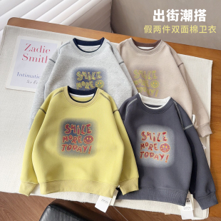 中大童渐变色印花上衣男女童休闲宽松圆领T恤2026春款双面棉卫衣