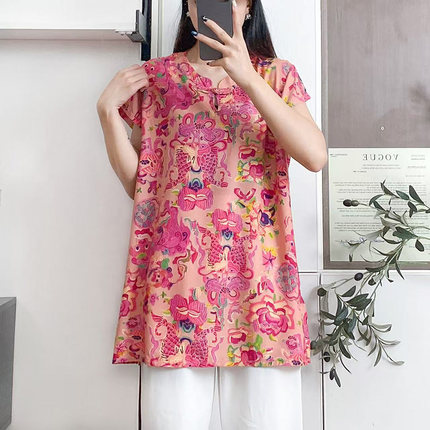 棉绸短袖t恤女夏装中长款中年妈妈上衣宽松加肥大码人造棉小衫薄
