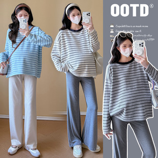 孕妇装 慵懒风休闲宽松显瘦百搭套头孕妇上衣 圆领条纹毛衣秋冬新款
