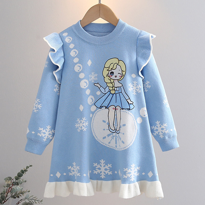 爱莎公主裙女童秋装新款冰雪奇缘爱沙儿童裙子女孩秋冬毛衣连衣裙