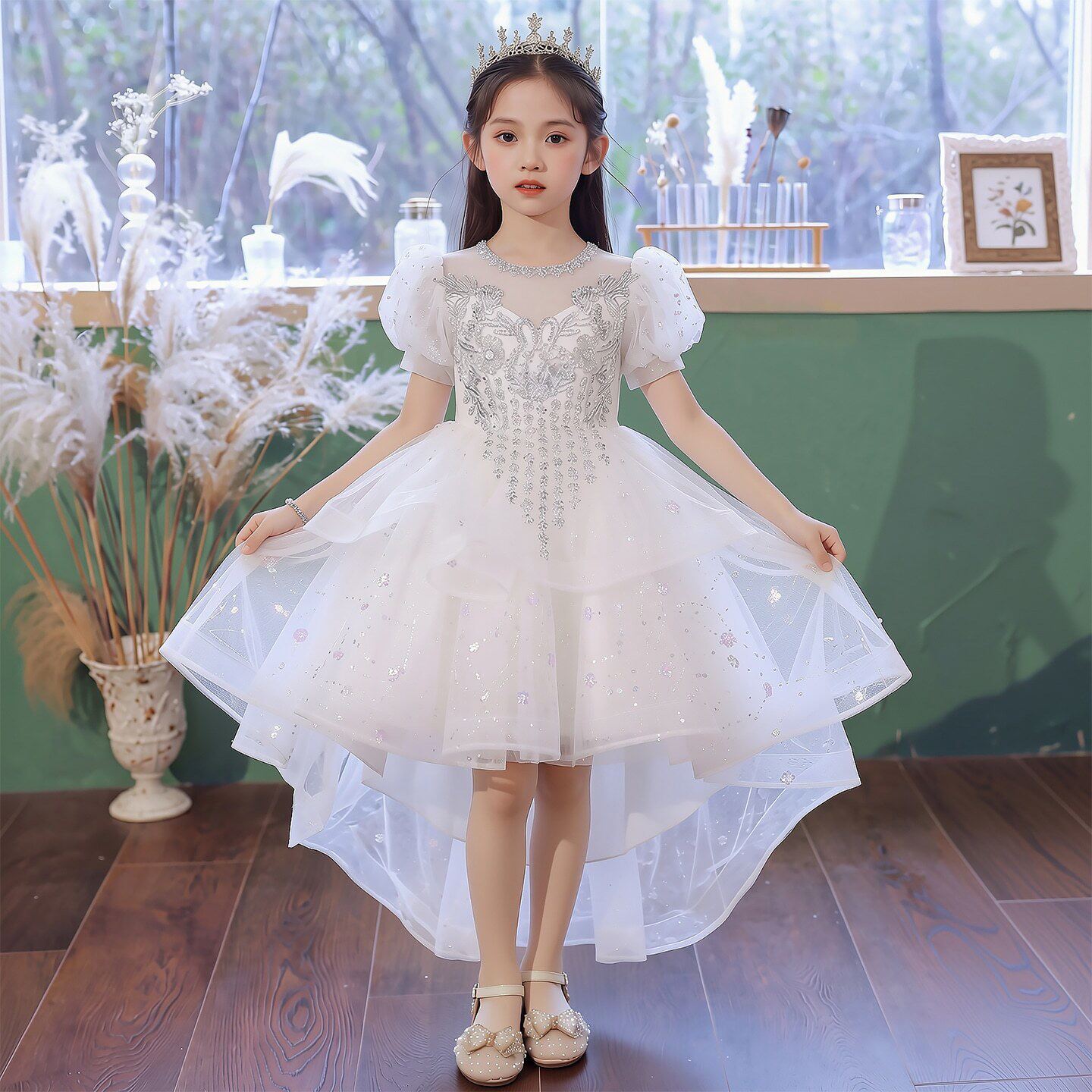 女童礼服夏季儿童拖尾裙白色公主裙高端女孩花童主持人钢琴演出服
