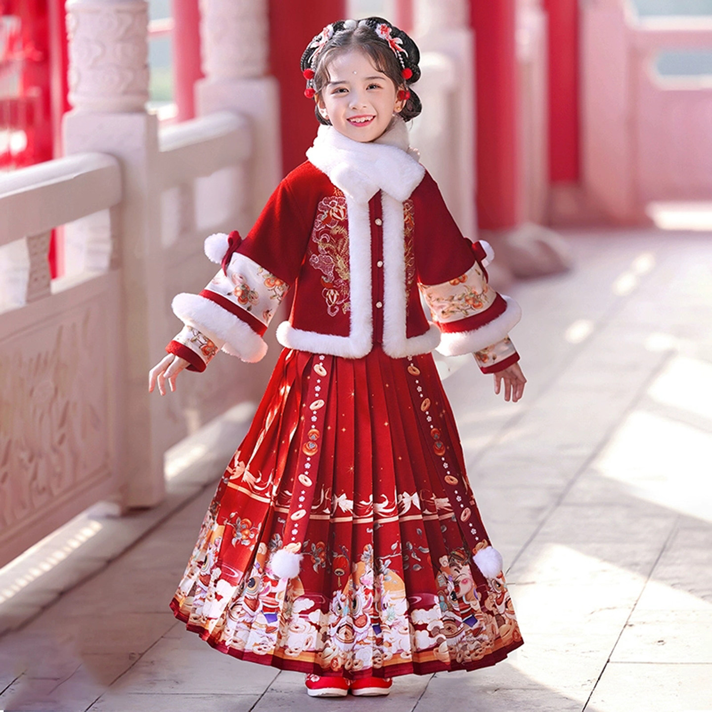 拜年服女童汉服冬季2026新款儿童马面裙套装加绒加厚女孩过年衣服