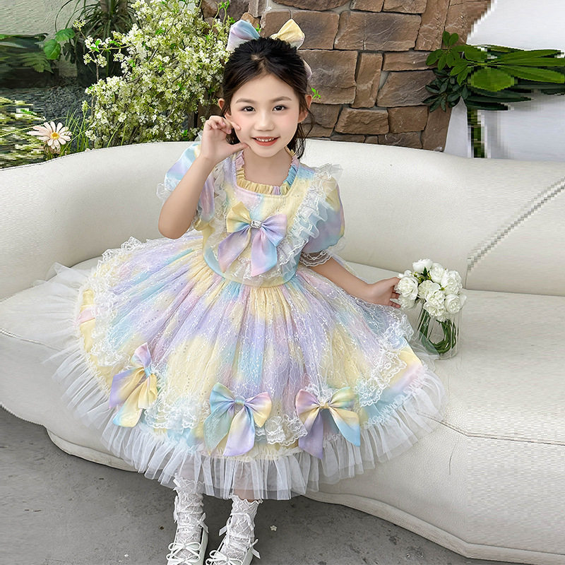 女童洛丽塔公主裙夏装2026新款洋气儿童蓬蓬裙女孩彩虹网纱连衣裙