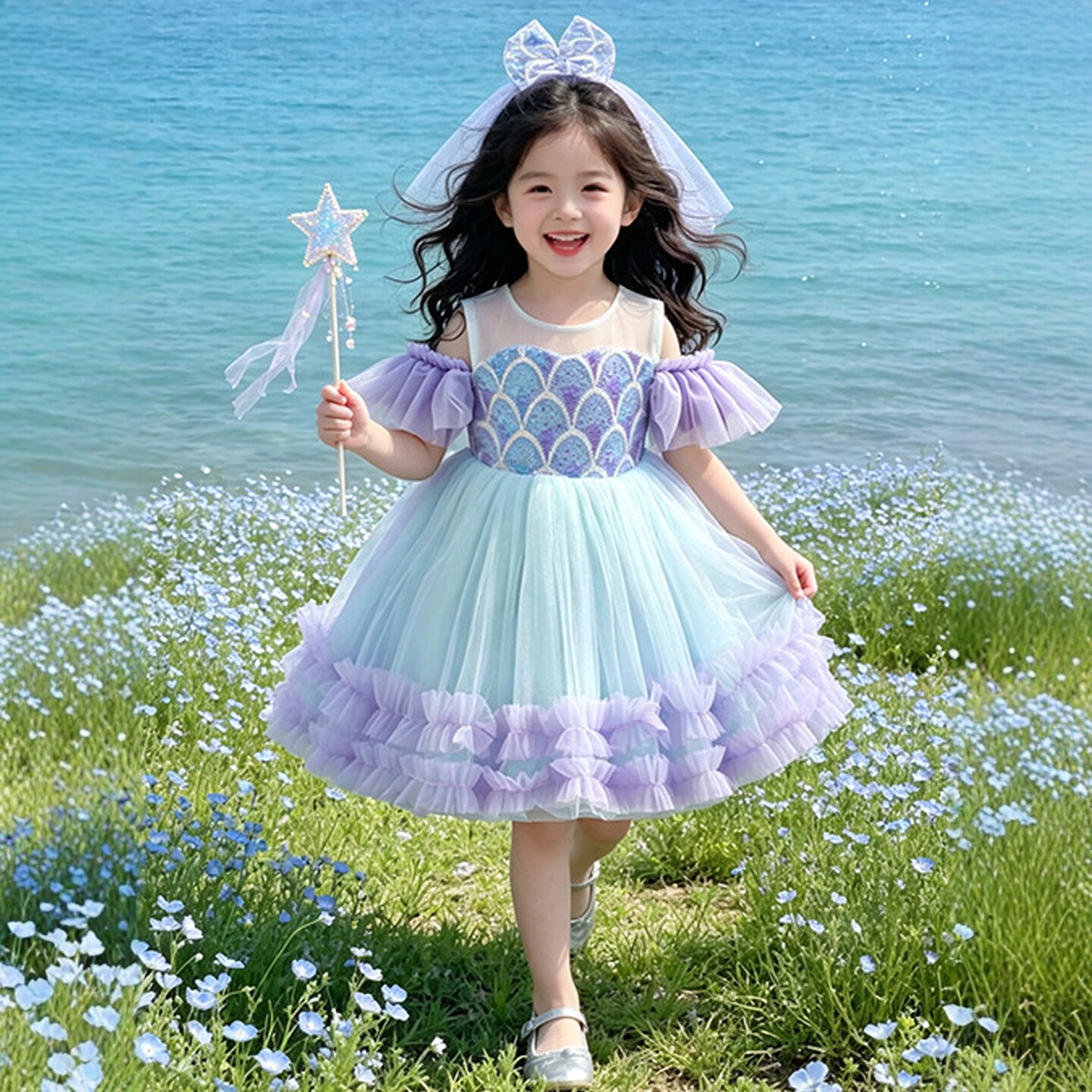 女童生日礼服夏季美人鱼蓬蓬纱裙