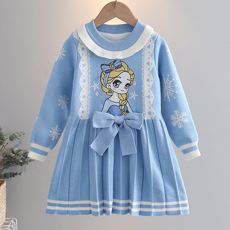 爱莎公主裙女童秋冬新款冰雪奇缘爱沙儿童裙子女孩加绒毛衣连衣裙