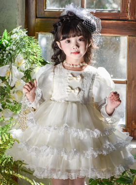 女童连衣裙春装2026新款儿童生日蓬蓬裙洋气公主裙白色礼服蛋糕裙
