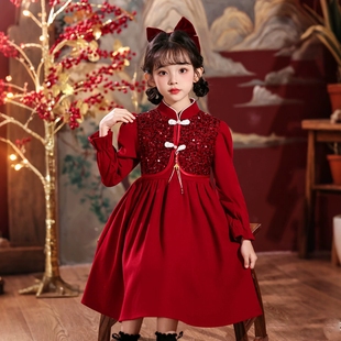 女童连衣裙秋装2025新款中大童洋气公主裙秋冬女孩红色中国风旗袍