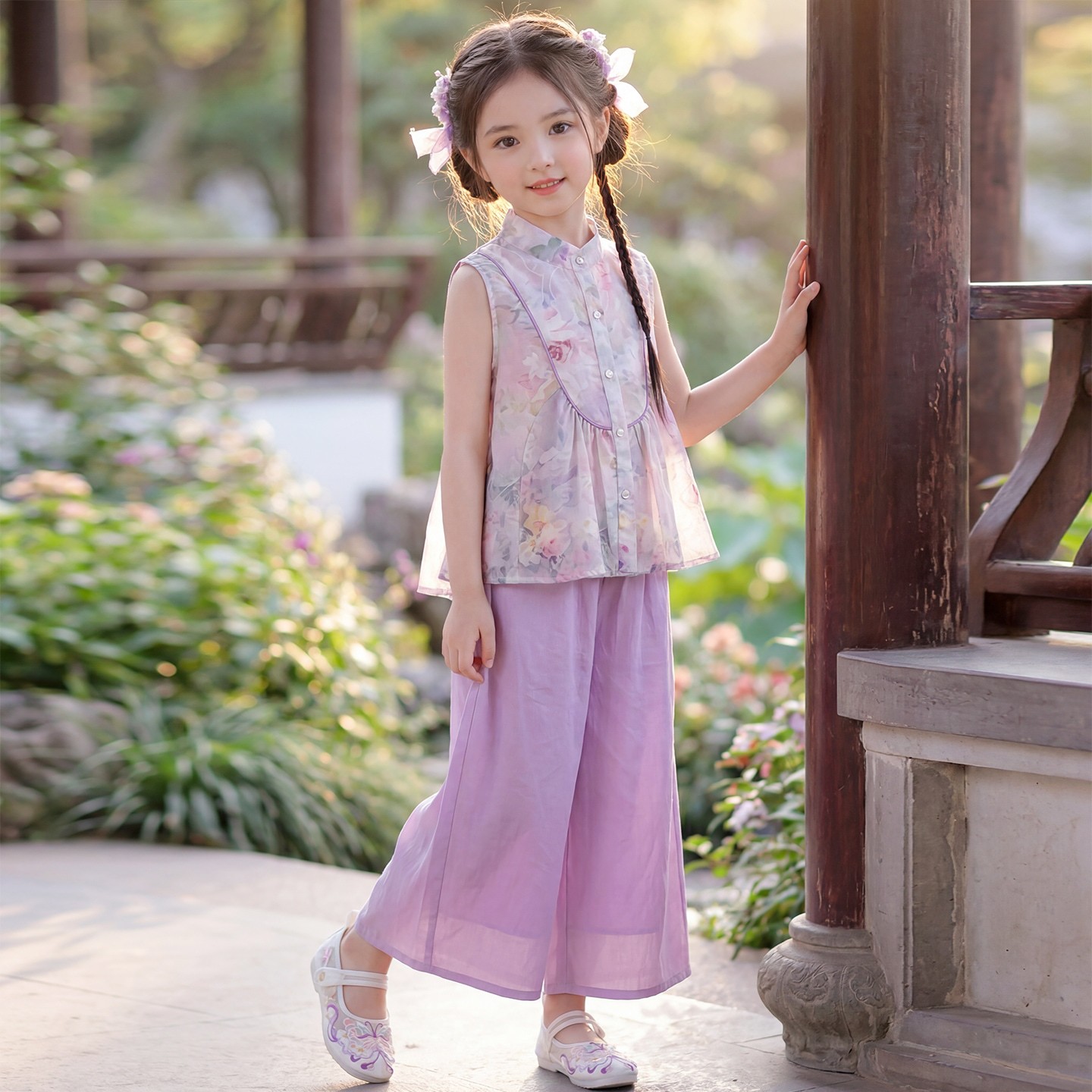 女童夏装新中式碎花娃娃衫套装
