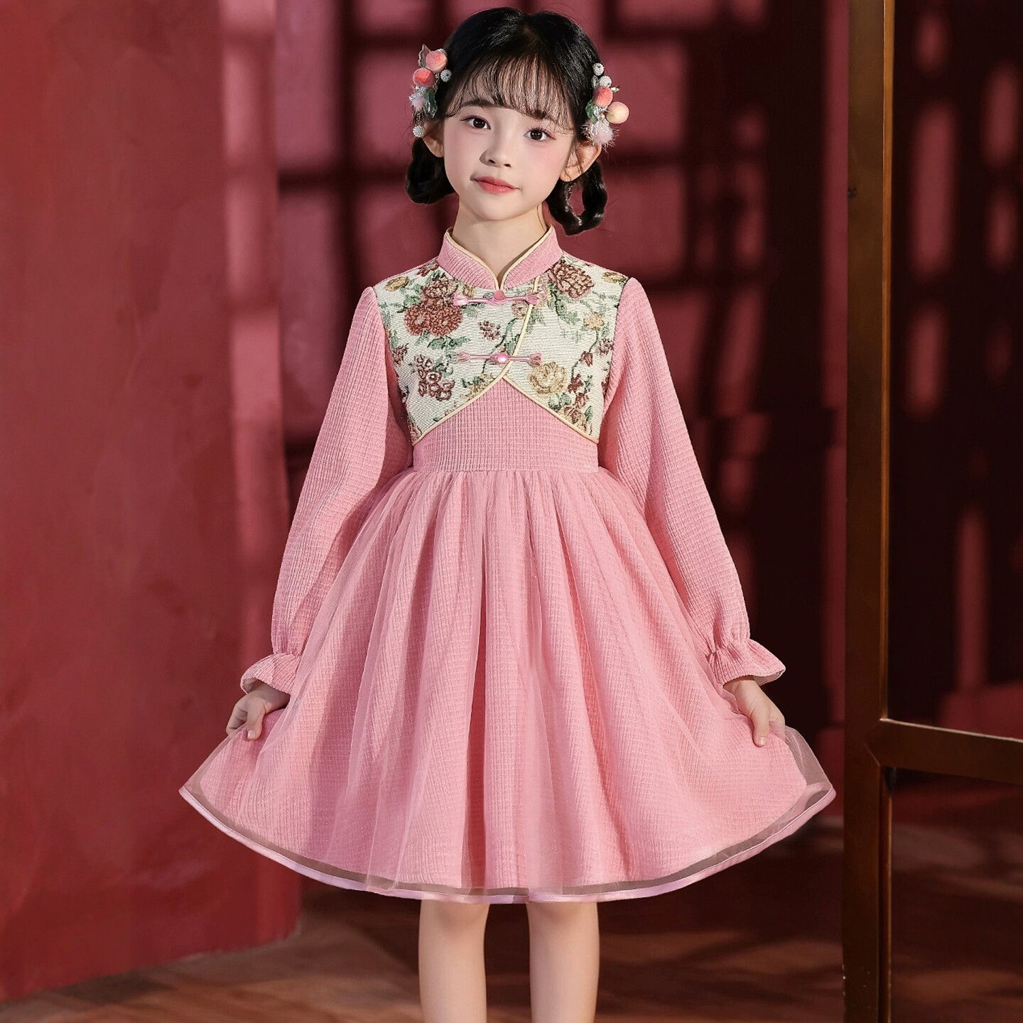 女童旗袍连衣裙春装2026新款儿童中式国风唐装春秋女孩新年公主裙