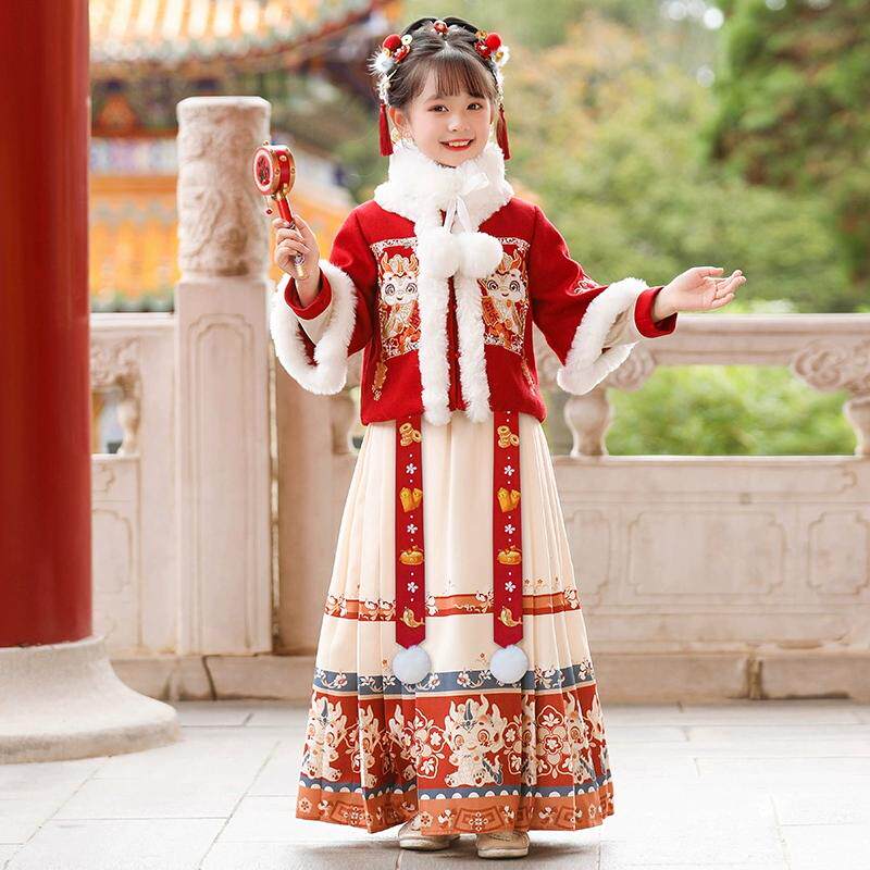 拜年服女童汉服秋冬2026新款儿童新年衣服喜庆过年服加厚年服冬装