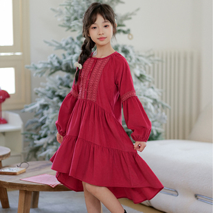 女童红色连衣裙春装儿童波西米亚长裙大童长袖灯芯绒公主裙小女孩
