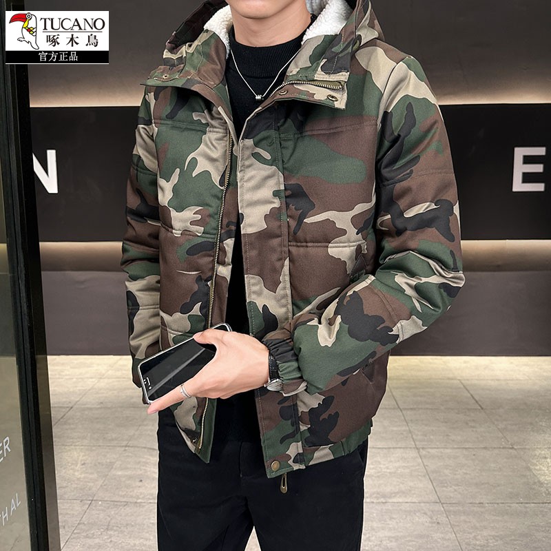 啄木鸟秋冬羊羔绒加厚连帽棉袄情侣款棉服复古潮男迷彩休闲棉衣