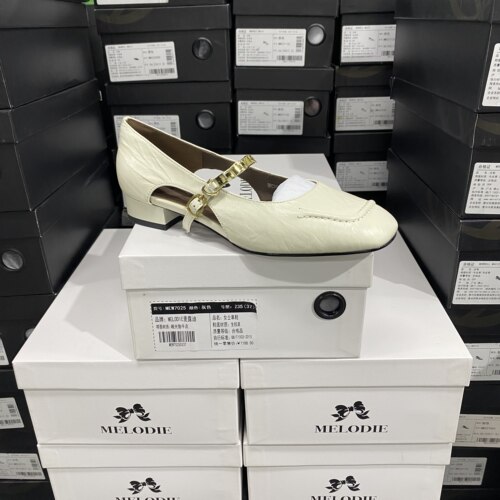 春季新款手工鞋F牛皮复古方头玛丽珍中空单鞋036N米白色