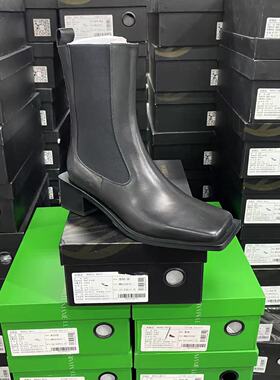 美国设计师买手高奢品牌R牛皮织物方头厚底简约大气短靴4122黑色