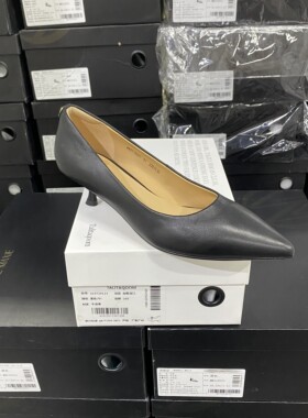 意大利轻奢专柜正品羊皮舒适尖头低跟通勤单鞋高跟鞋0201黑色