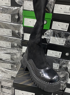 意大利轻奢专柜正品牛皮拼接厚底铆钉长筒女靴高筒靴9264黑色