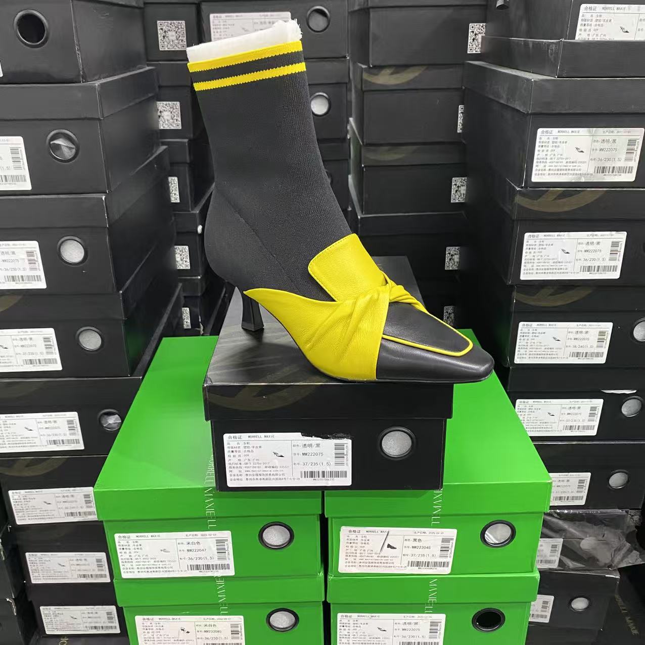 美国设计师买手高奢品牌羊皮欧美风撞色款袜靴瘦瘦靴短靴4037黑黄