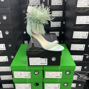 2125青藍色 美國設計師買手高奢品牌羊翻皮羽毛珍珠涼鞋