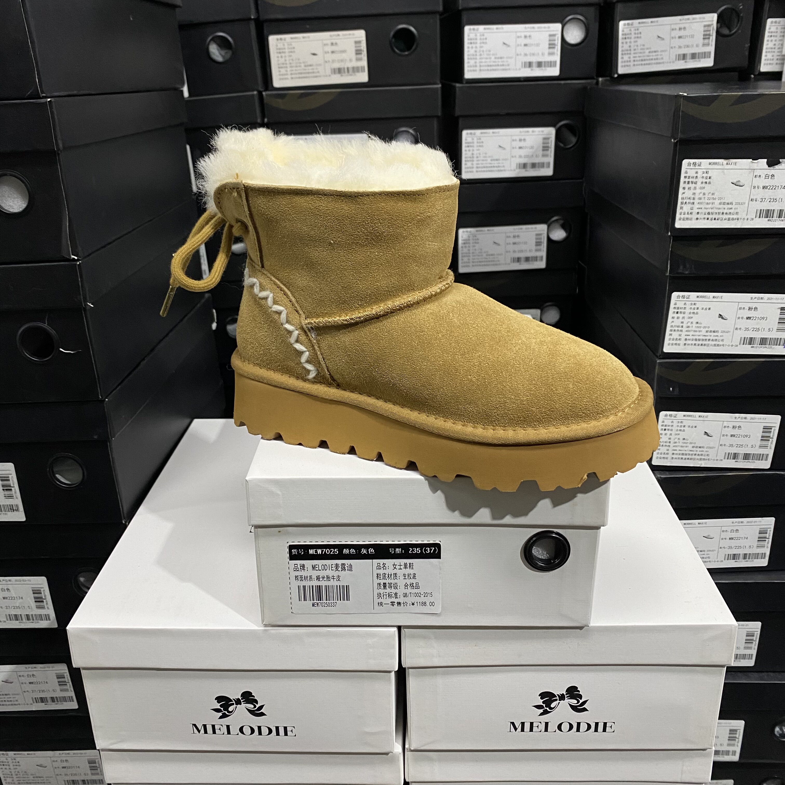 实体专柜意大利设计师轻奢品牌圆头牛皮羊毛厚底雪地靴3987新栗色