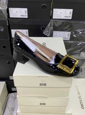 LS专柜正品G牛皮百搭方扣通勤单鞋584A黑色