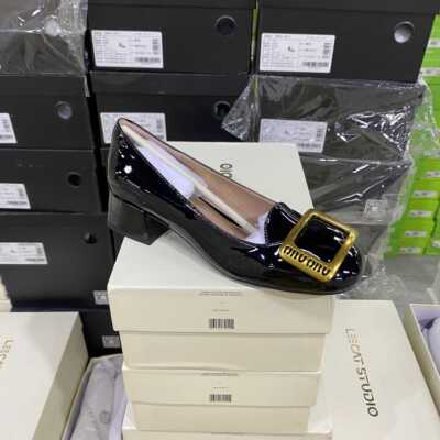 LS专柜正品G牛皮百搭方扣通勤单鞋584A黑色