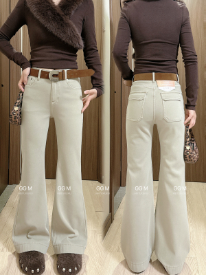 十米田58679卡其色加绒微喇牛仔裤女2025冬季弹力修身喇叭马蹄裤