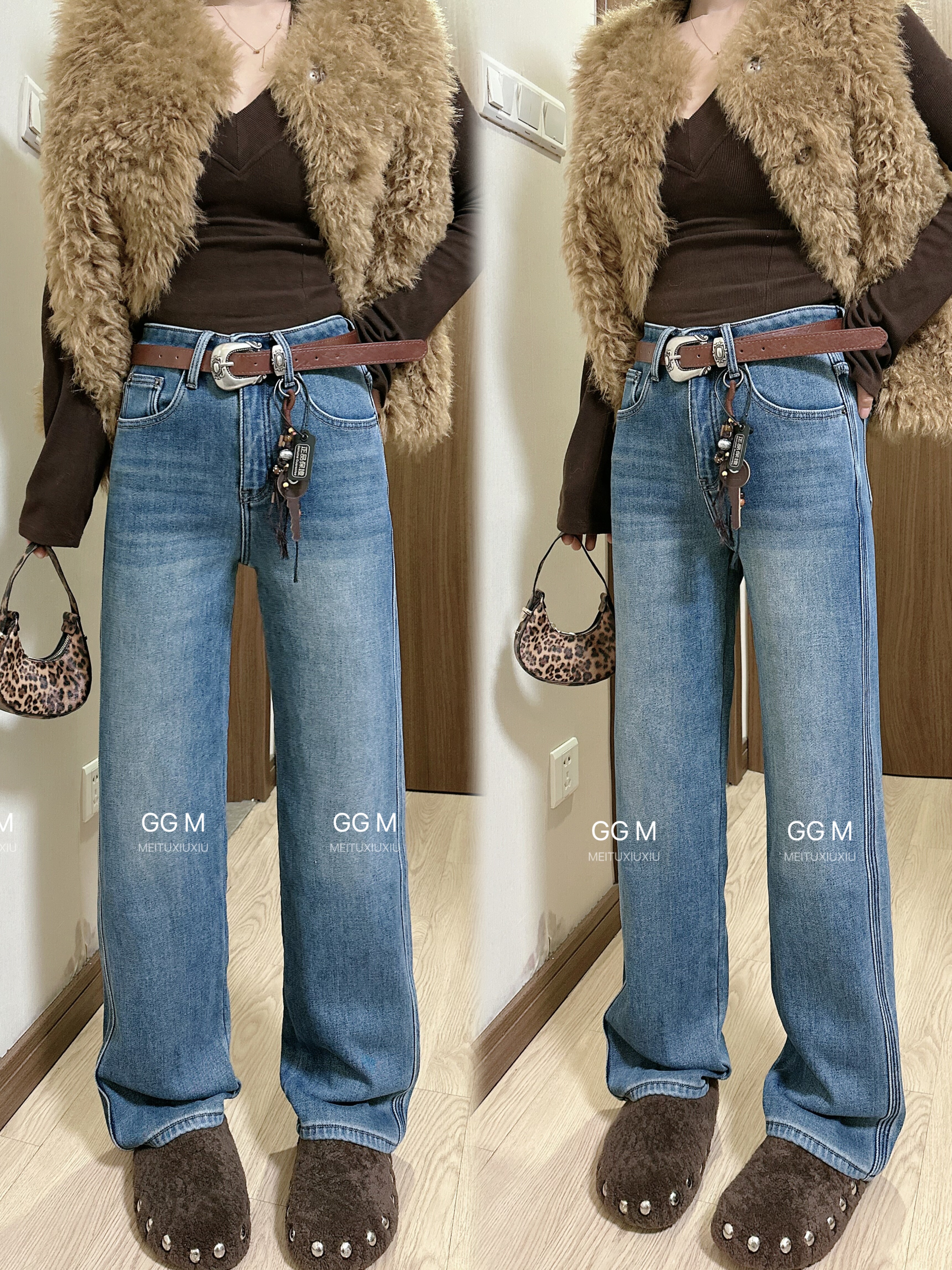 柒月5A308蓝色直筒加绒牛仔裤女2025年冬季高腰显瘦窄窄拖地裤子