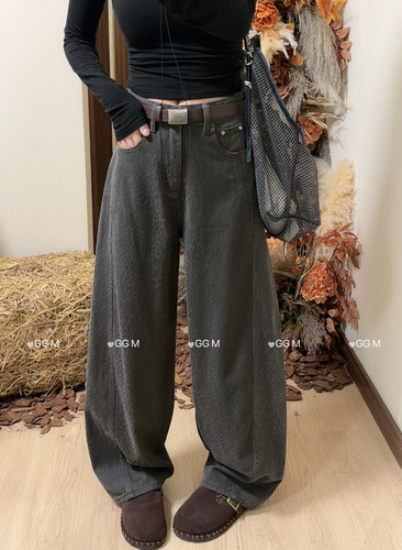 十米田58870豹纹弯刀裤牛仔裤女2026早秋新款高腰显瘦阔腿拖地裤