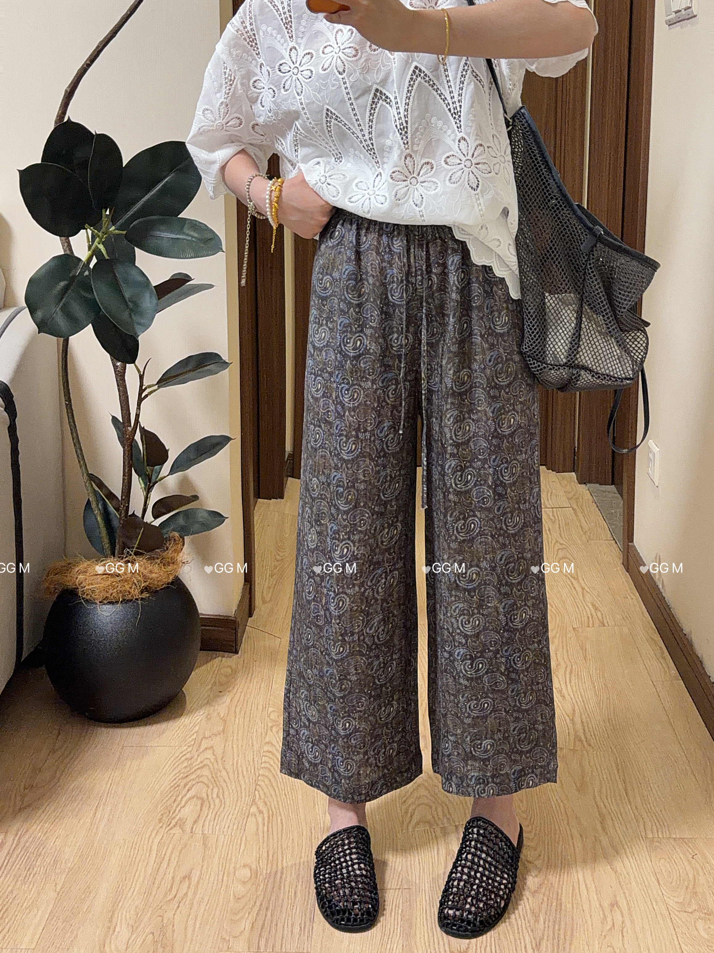 十米田2861夏季气质松紧腰提花亚麻直筒裤女时尚百搭休闲裤九分裤
