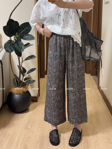 十米田2861夏季气质松紧腰果花亚麻直筒裤女提花休闲裤九分裤子
