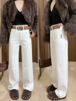 十米田58639白色直筒加绒牛仔裤女2025年冬季四面弹窄窄拖地裤子