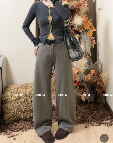 十米田9896深灰色弯刀裤牛仔裤女2026早秋新款高腰显瘦阔腿拖地裤