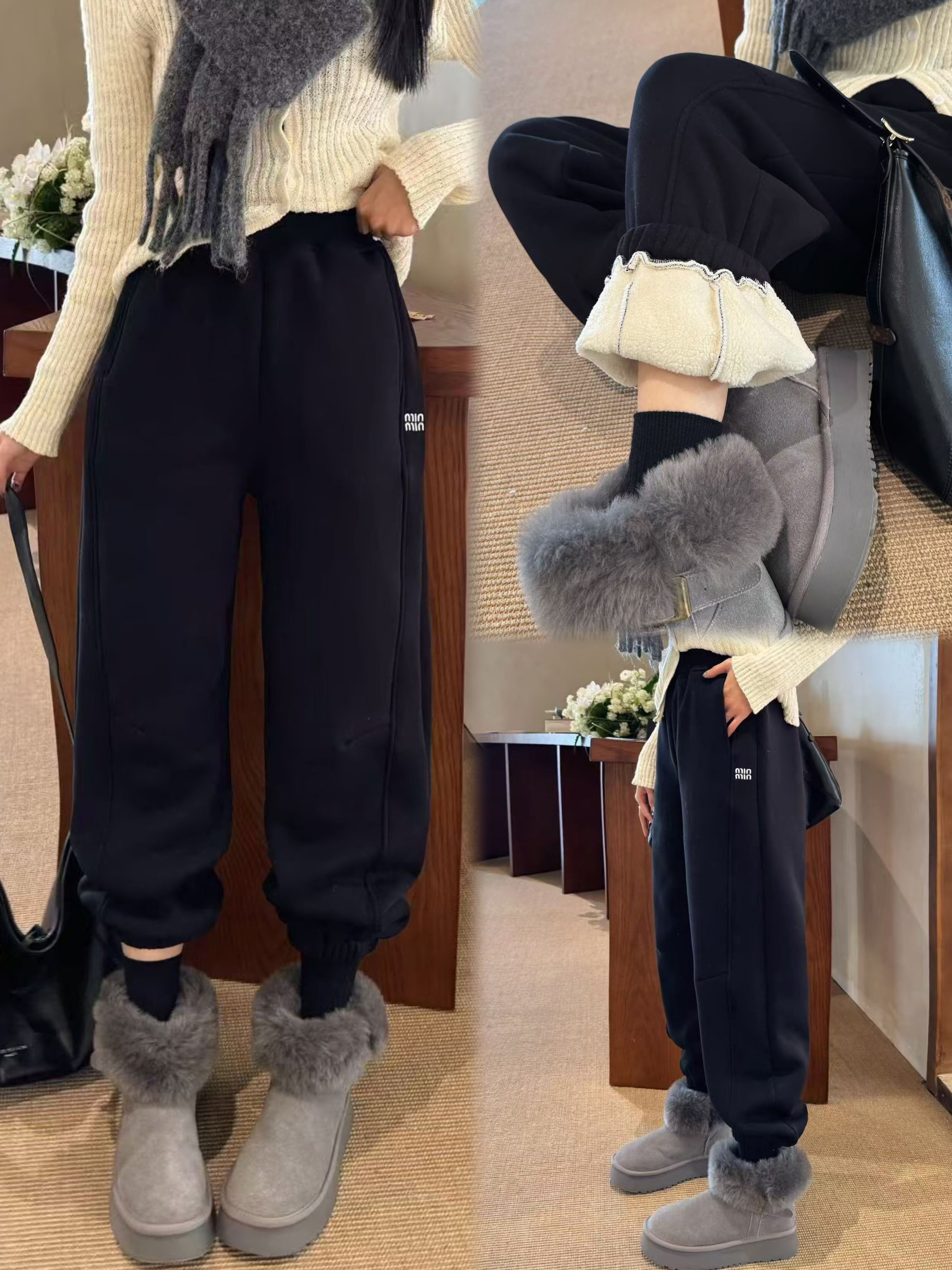 迷设1011冬季羊羔绒运动裤黑色卫裤女宽松显瘦哈伦裤高腰百搭束脚