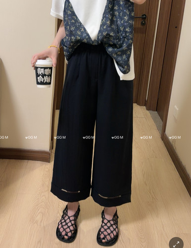 十米田99063夏季轻薄镂空休闲九分直筒裤女阔腿裤显瘦宽松奶奶裤