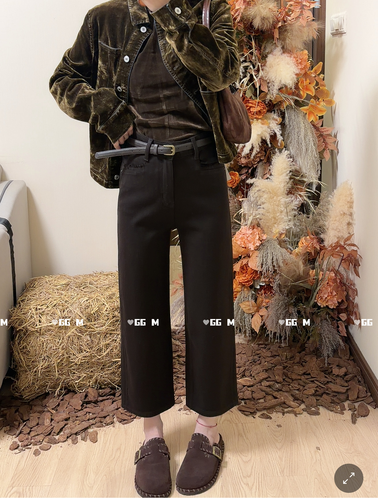 十米田58896早秋新款女高腰显瘦咖色直筒弹力牛仔裤宽松百搭烟管