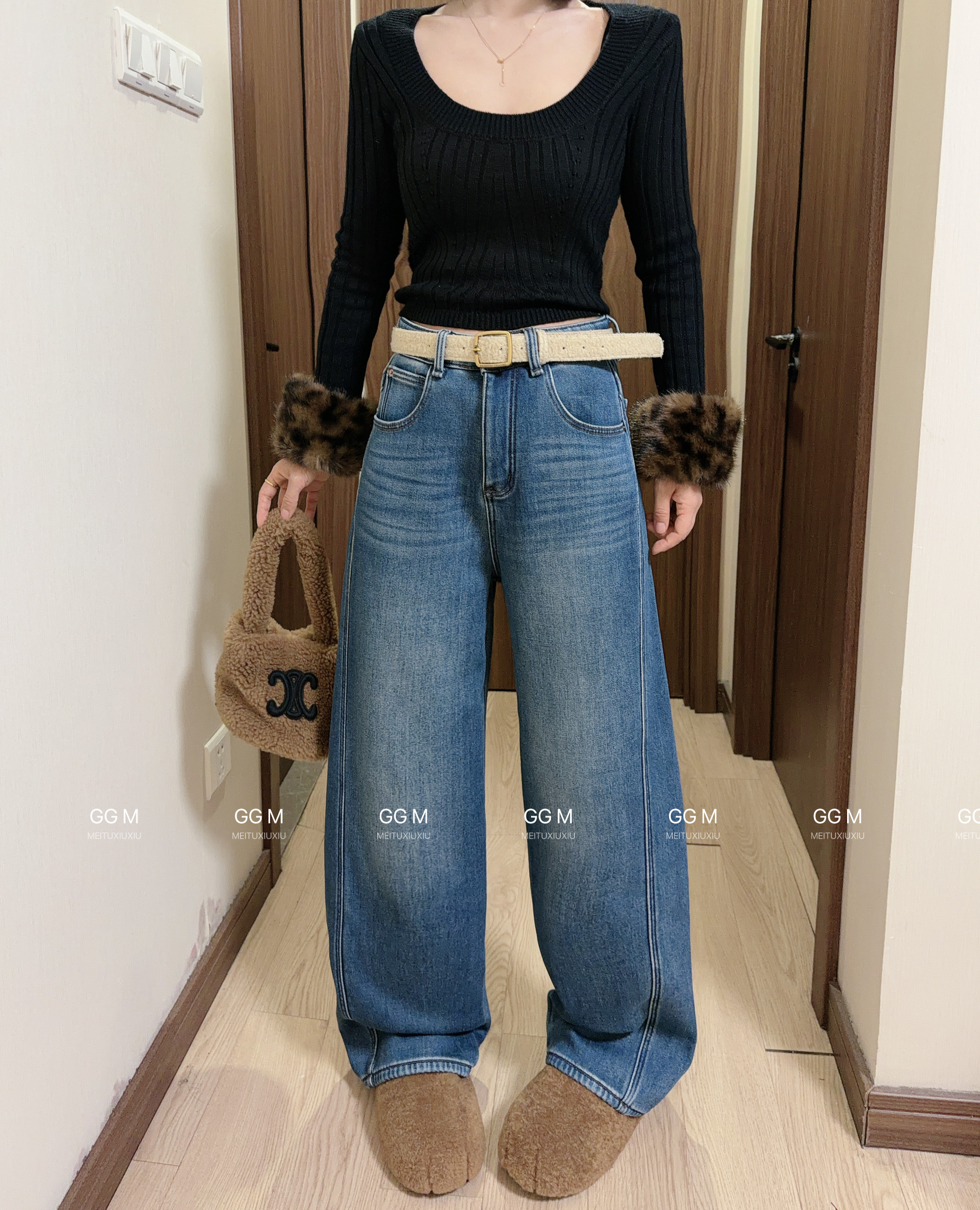 MV6639冬季新款蓝色加绒弯刀拖地裤阔腿牛仔裤女宽松显瘦直筒裤