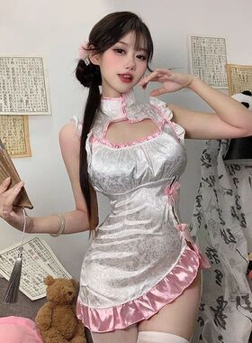 GOGO跳舞衣服DS演出服酒吧DJ领舞气氛派对性感粉色复古镂空旗袍裙