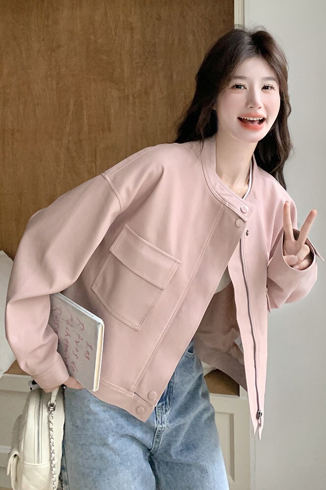 小香风粉色短款皮衣外套女春秋2025新款减龄百搭超火PU夹克高级感,女装皮衣,2C320
