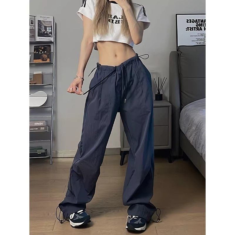 藏青色运动工装休闲裤女春季美式抽绳松紧腰长裤宽松百搭阔腿裤子,女装/女士精品,休闲裤,淘宝优惠券,粉丝福利购,淘宝优惠卷